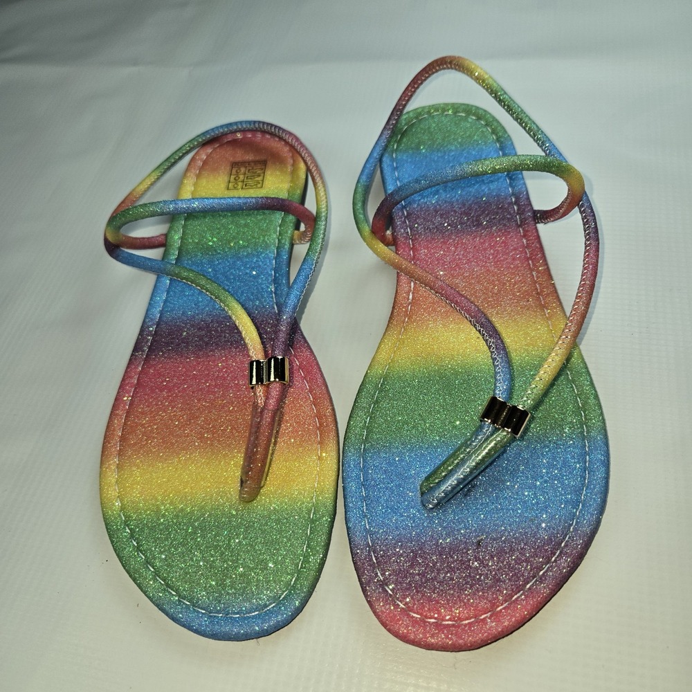 Women's Multicolor Rainbow Glitter Strappy Slip-On Faux Leather Sandals EU 39